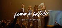 a group of people standing in front of a stage with the words'femme fatale'